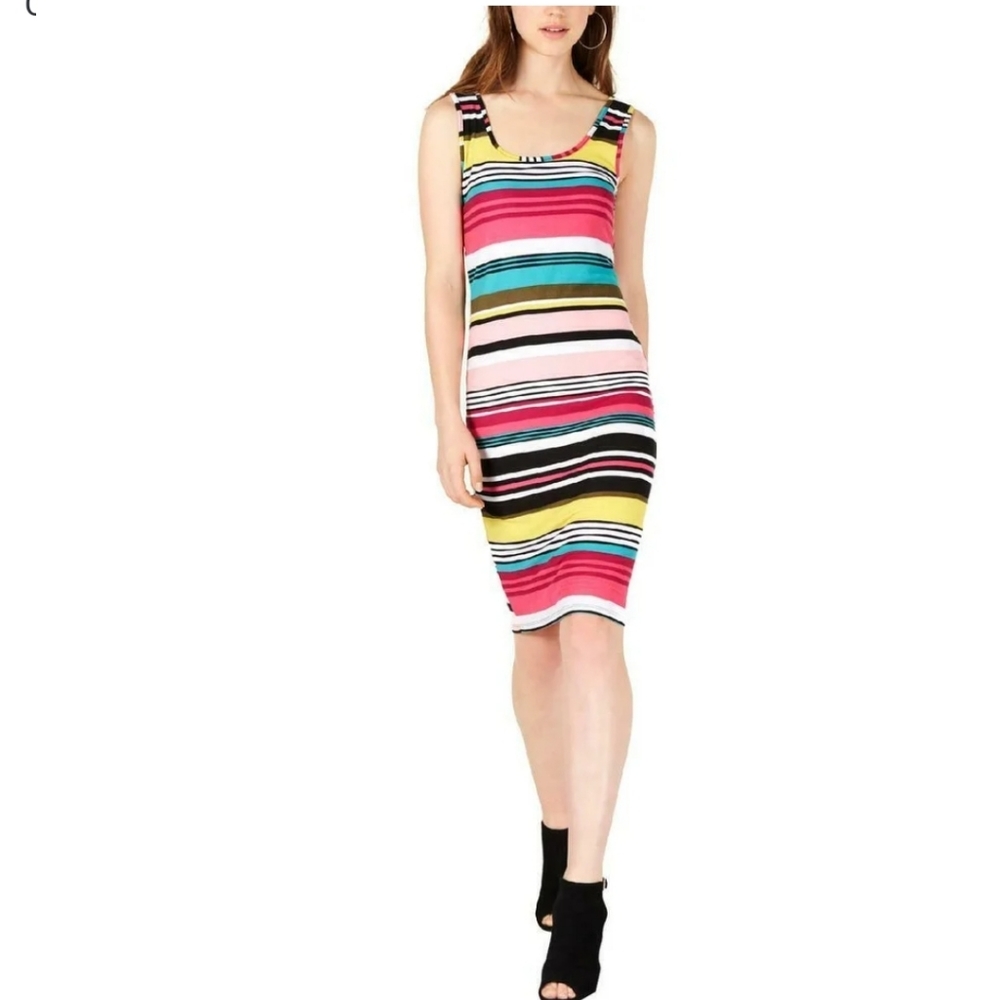 Planet gold colorful striped sleeveless bodycon dress mid length